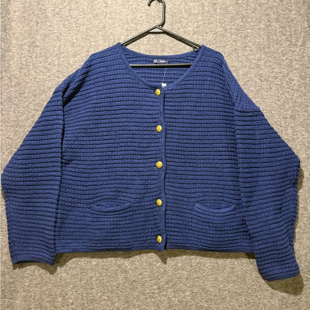 Gap Cardigan Sweater Womens XXLT navy blue heavy chunky knit button up cropped